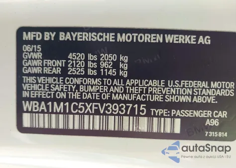 2015 BMW M235I из США, поврежденный, VIN WBA1M1C5XFV393715